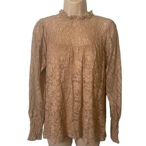 Cable & Gauge Women's Eyelet Lace Crochet Blouse L Sheer Long Sleeve Top Cottage
